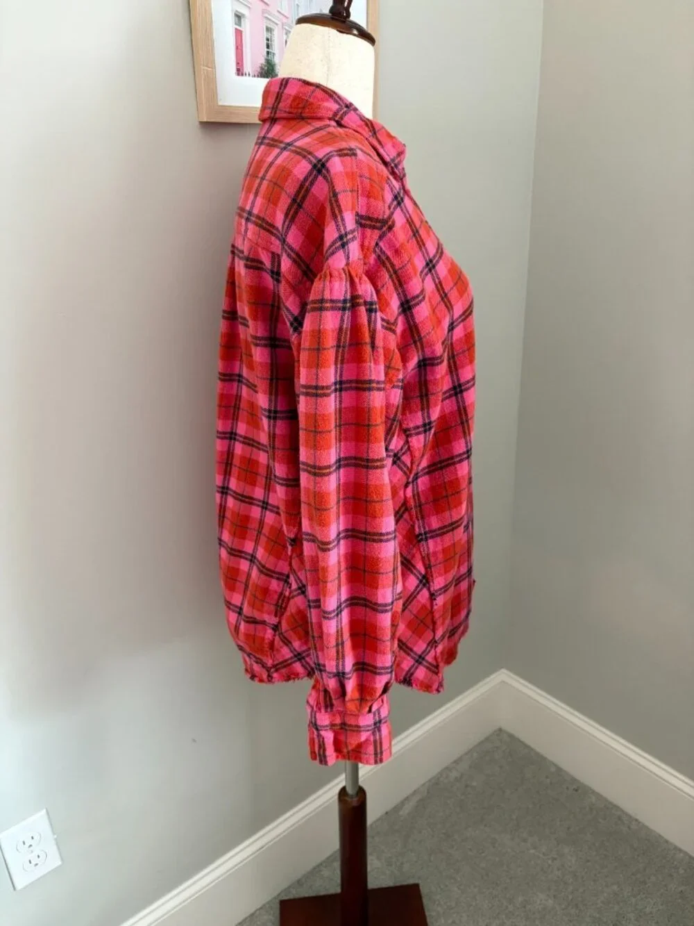 Free People Size XS Happy Hour Plaid Long Sleeve Flannel Shirt Pink Carnelian